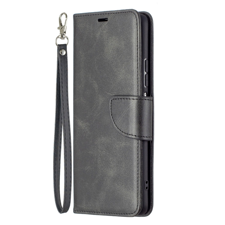 Dark gray PU flip phone case with wrist lanyard and side cutouts