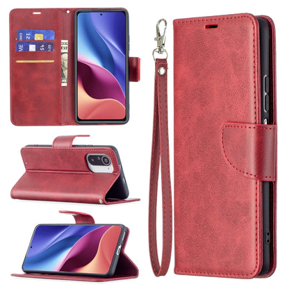 Red PU flip phone case with wallet card slots and wrist lanyard