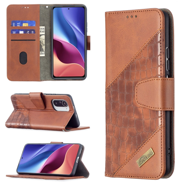 Brown crocodile-texture flip phone case with wallet card slots and kickstand