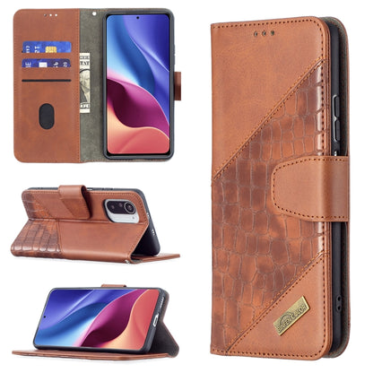 Brown crocodile-texture flip phone case with wallet card slots and kickstand