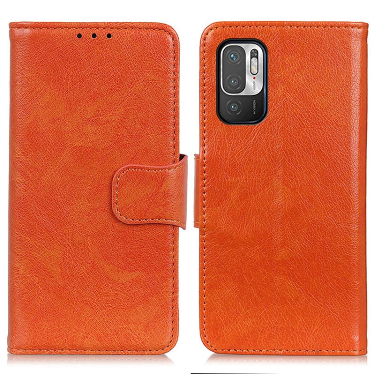 Orange leather flip phone case, front and back views with camera cutout.