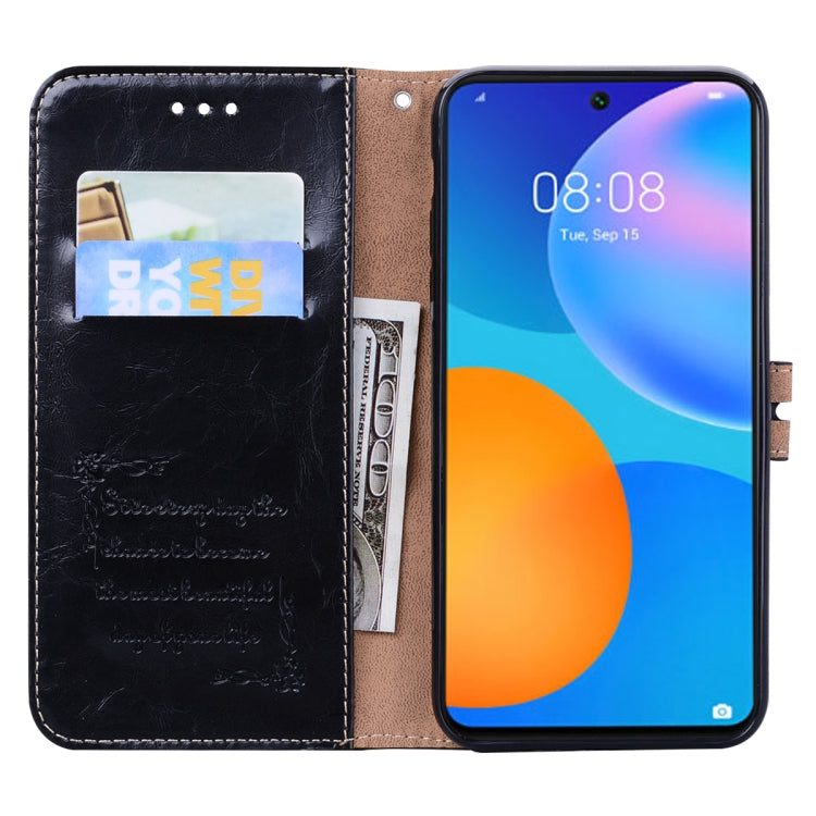 Black leather phone wallet case with card slots and flip cover