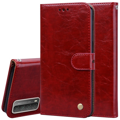 Red oil-wax leather flip phone case with card slots, magnetic closure, stand holder