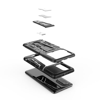 Rugged black phone case accessory layout with snap-on armor pieces
