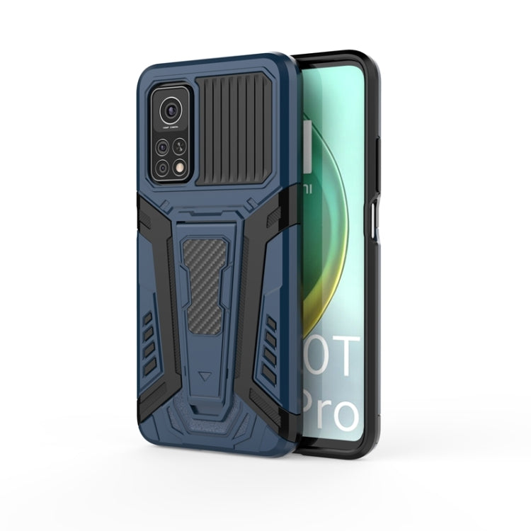 Blue rugged armor phone case with raised bezel, protective corners, and camera openings