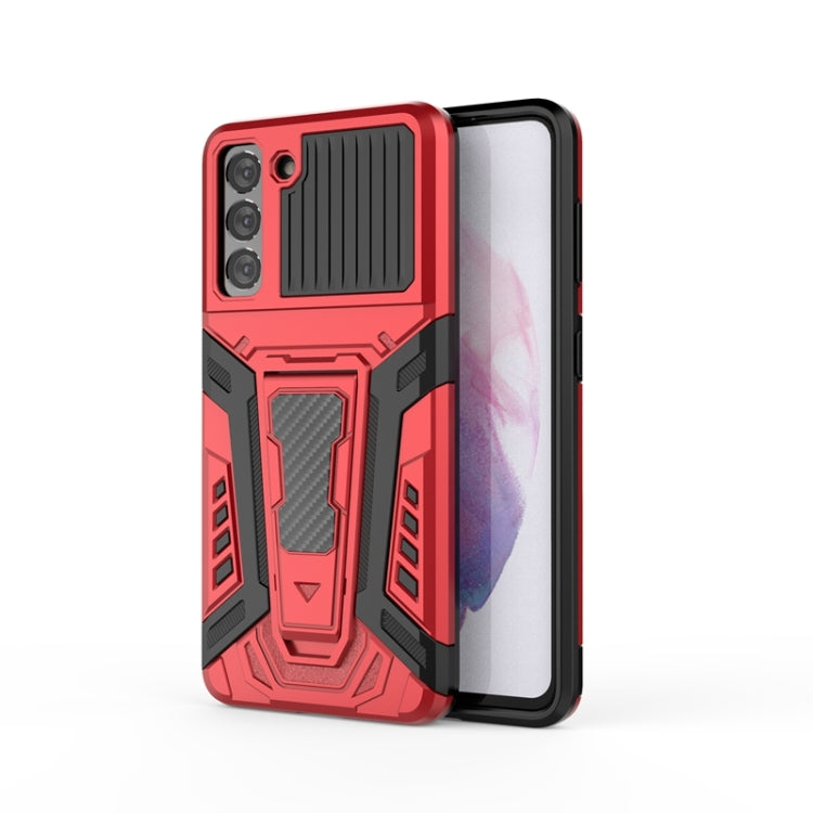 Red rugged armor phone case with dual camera cutouts and textured back panel