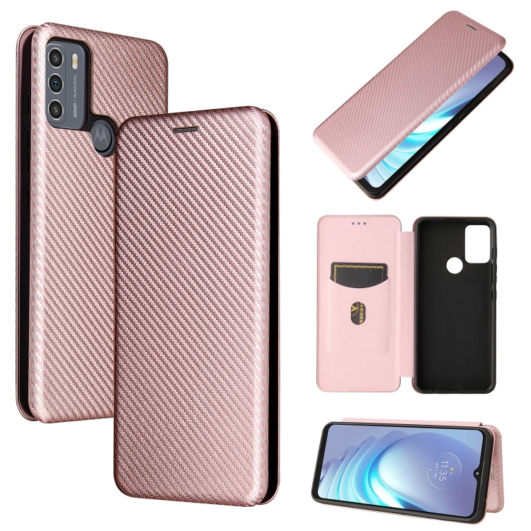 Magnetic flip phone case with carbon fiber texture and card slot, pink