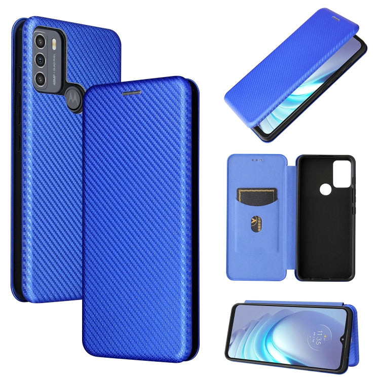 Magnetic flip phone case with carbon fiber texture and card slot, blue