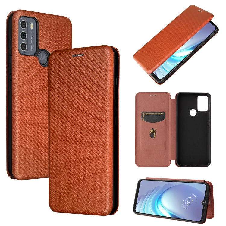 Magnetic flip phone case with carbon fiber texture and card slot, brown