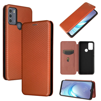 Magnetic flip phone case with carbon fiber texture and card slot, brown