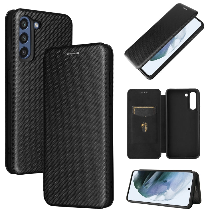 Magnetic flip phone case with carbon-fiber texture and card slot, black.