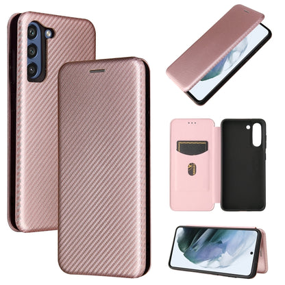 Magnetic flip phone case with carbon-fiber texture and card slot, pink.