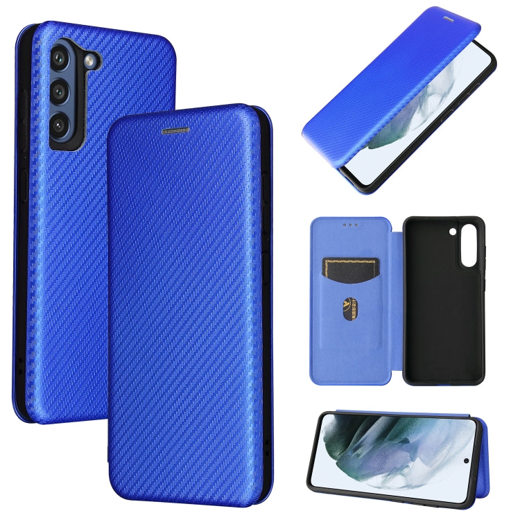 Magnetic flip phone case with carbon-fiber texture and card slot, blue.