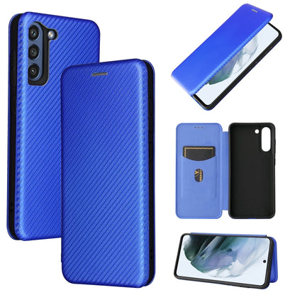 Magnetic flip phone case with carbon-fiber texture and card slot, blue.