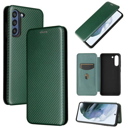 Magnetic flip phone case with carbon-fiber texture and card slot, green.