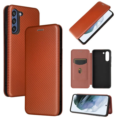 Magnetic flip phone case with carbon-fiber texture and card slot, brown.