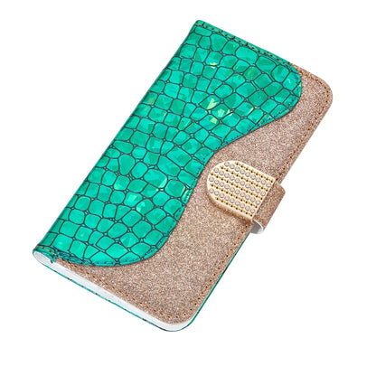 Green crocodile-texture folio phone case with gold glitter back and rhinestone clasp