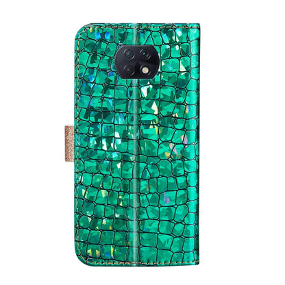 Green crocodile-texture phone case with camera cutout and gold glitter edges