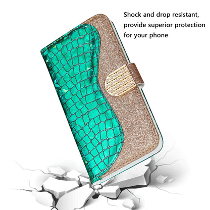 Green crocodile-texture leather phone wallet case with gold glitter trim and rhinestone clasp