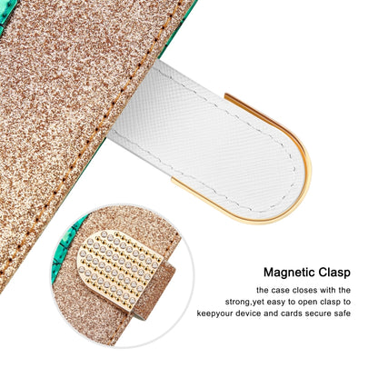 Close-up of magnetic clasp and card-slot strap on green and gold glitter wallet case