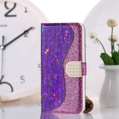 Purple glitter flip leather phone wallet case featuring embossed crocodile texture and clasp