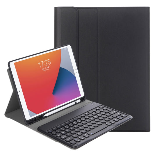 Black tablet keyboard case with detachable lambskin-texture cover and built-in stand