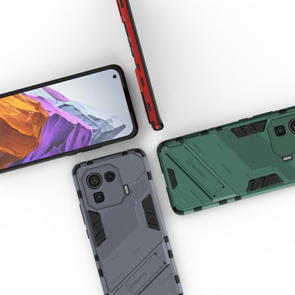 Rugged shockproof phone case set in gray and green with red side pieces for Mi 11 Pro