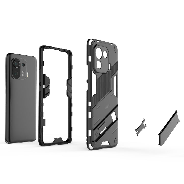 Black rugged phone case with stand module; front frame and back cover pieces for Mi 11 Pro
