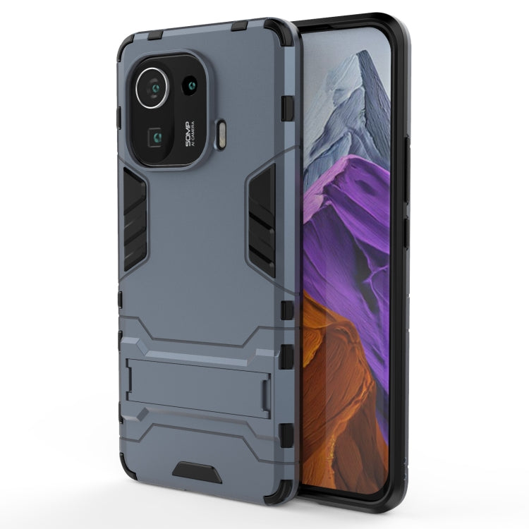 Rugged shockproof phone case with hidden holder, gray-blue PC+TPU armor design
