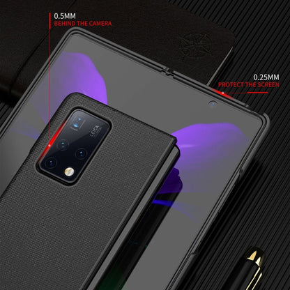 Textured black folding case with camera opening and protective screen cover edges for Huawei Mate X2