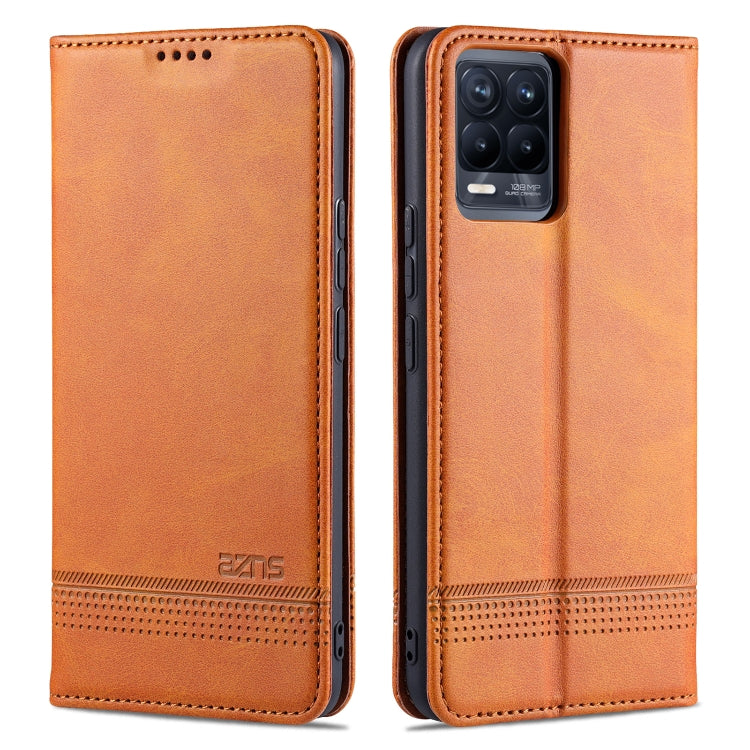 Light brown leather phone flip case with magnetic closure, card slots, and camera cutout