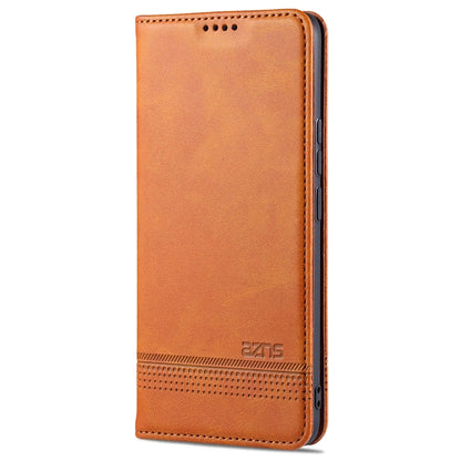 Tan leather phone flip wallet case with perforated speaker area and stitched edges
