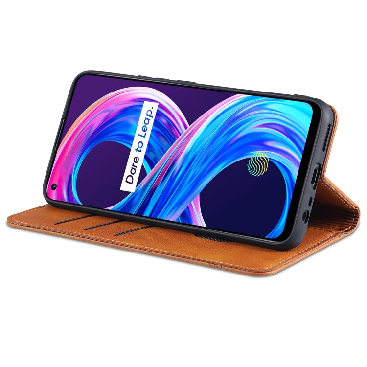 Brown leather phone flip case stand with front cover folded for viewing