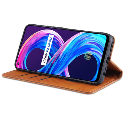 Brown leather phone flip case stand with front cover folded for viewing