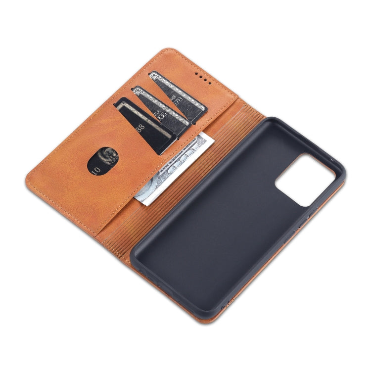 Tan leather flip wallet case with card slots and phone back compartment