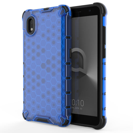 Blue shockproof honeycomb phone case with raised edges and cutouts for camera and ports.