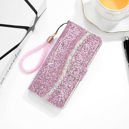 Pink glitter horizontal flip leather phone case with card slots and lanyard.