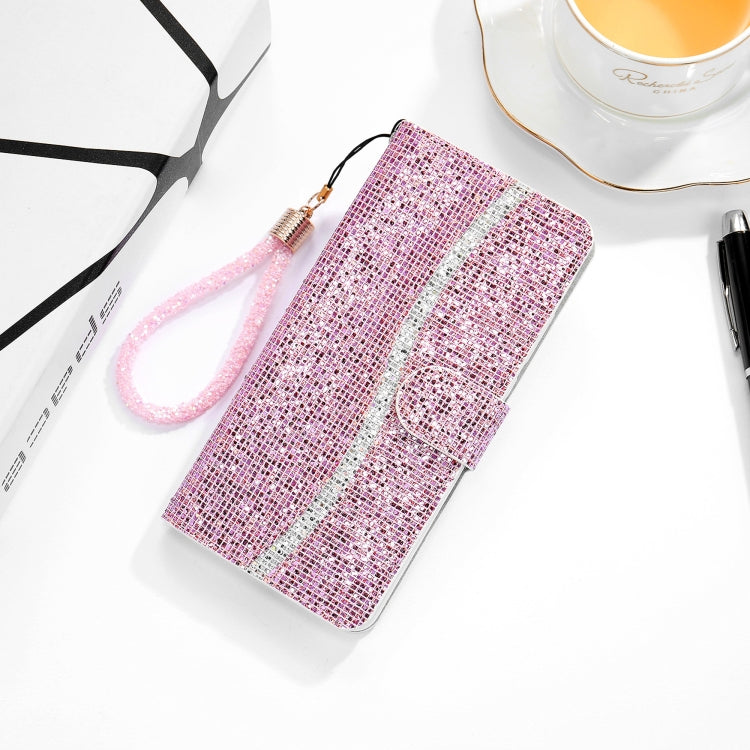 Pink glitter flip leather phone case with card slots and lanyard, gold-tone clasp