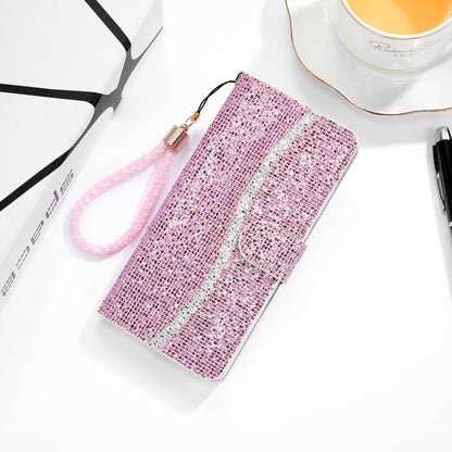 Pink glitter horizontal flip leather case with card slots and wrist lanyard loop