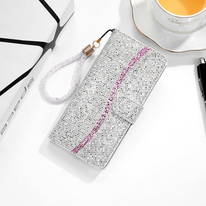 Silver glitter flip wallet phone case with card slots and lanyard strap, pink stripe