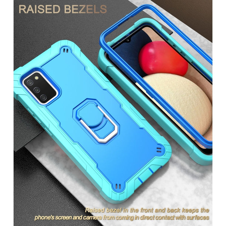 Shockproof phone case with rotating holder, blue shell with mint edges, device fitted