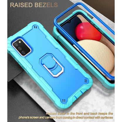 Shockproof phone case with rotating holder, blue shell with mint edges, device fitted