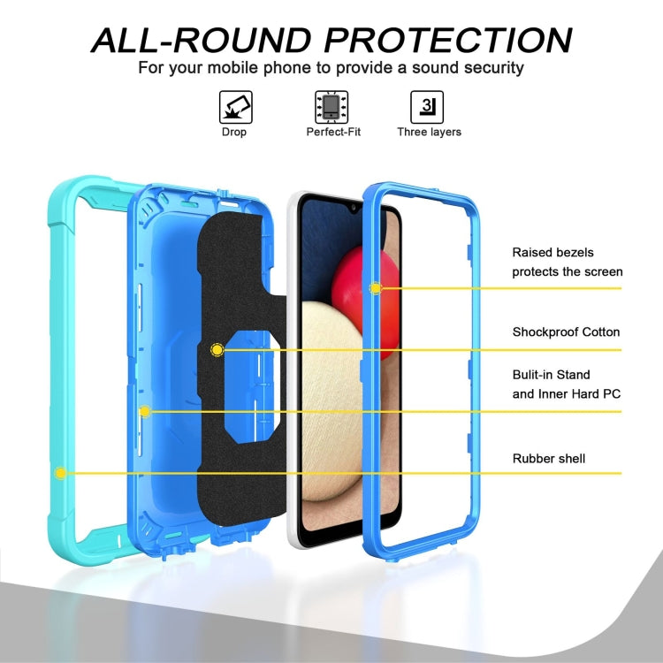 Shockproof 3-layer phone case with rotating holder, mint and blue frame design