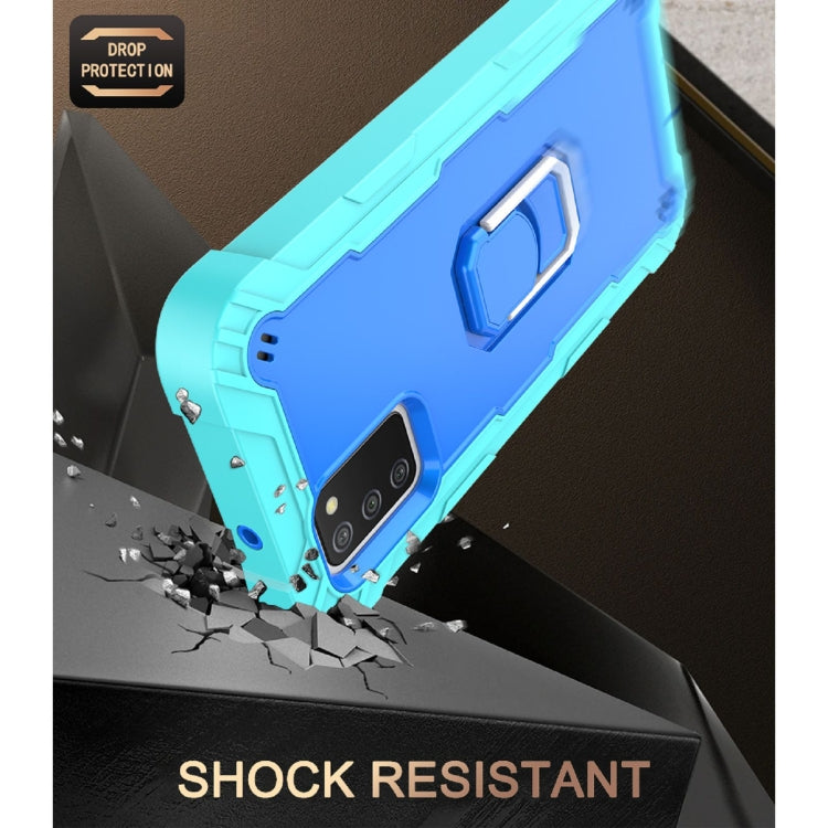Shockproof phone case with rotating holder, blue mint outer shell, impact-resistant design