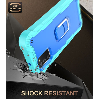 Shockproof phone case with rotating holder, blue mint outer shell, impact-resistant design
