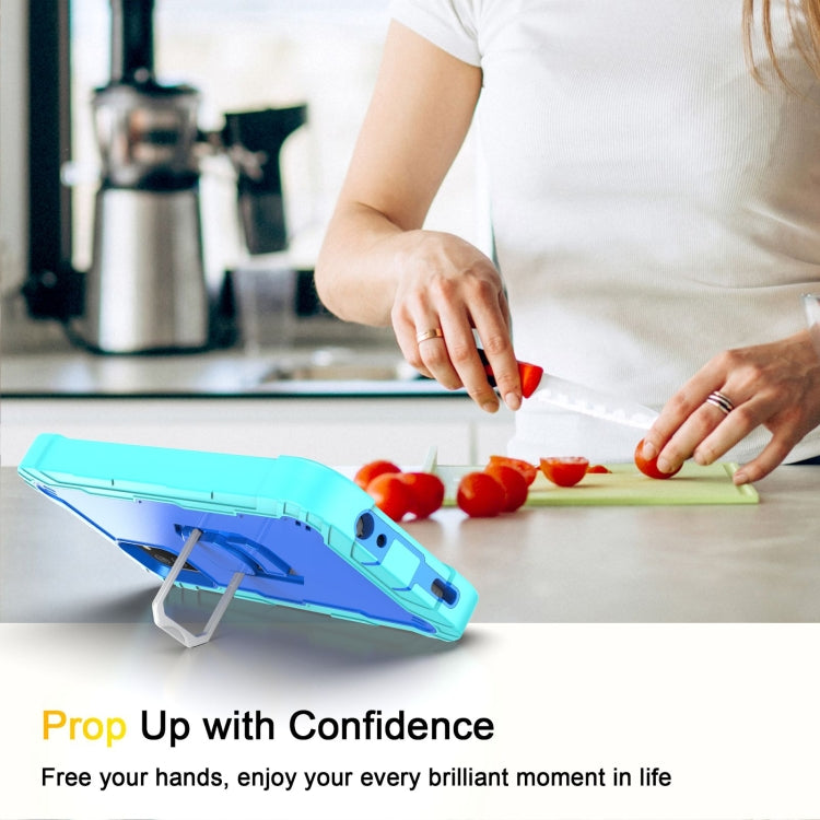 Shockproof phone case with rotating holder, blue with mint trim, kickstand hands-free