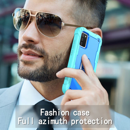 Shockproof phone case with rotating holder, blue with mint accents, phone in use