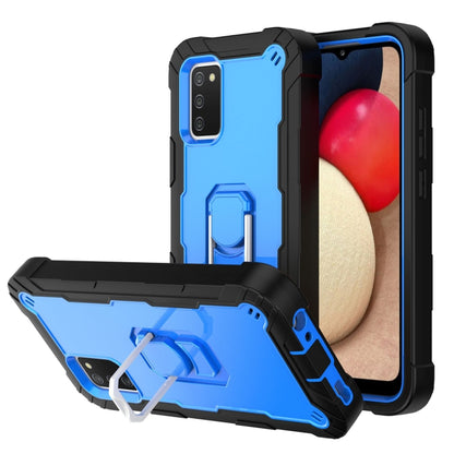 Shockproof phone case with rotating holder, black and blue rugged design, device fitted