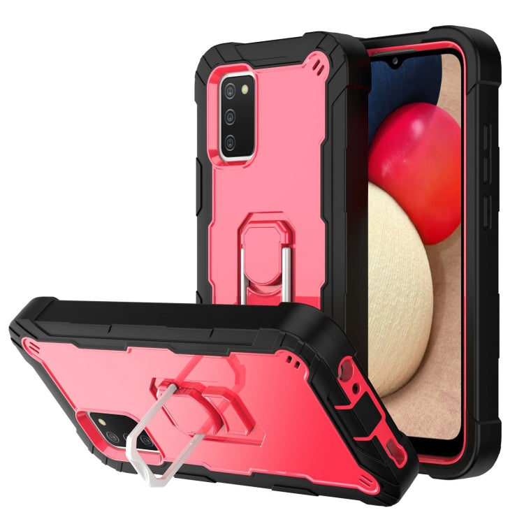 Shockproof phone case with rotating holder, red back and black frame