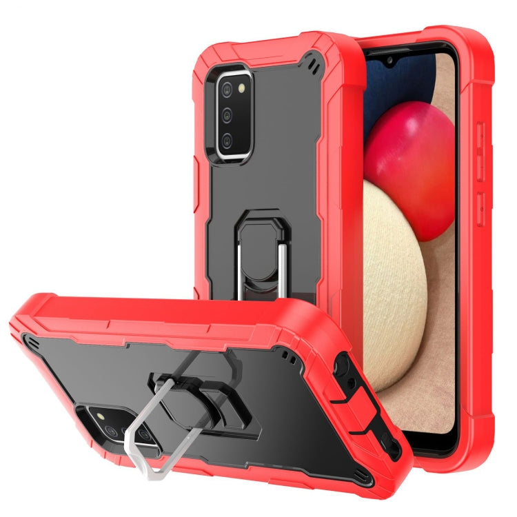 Shockproof phone case with rotating holder, red and gray back with red frame